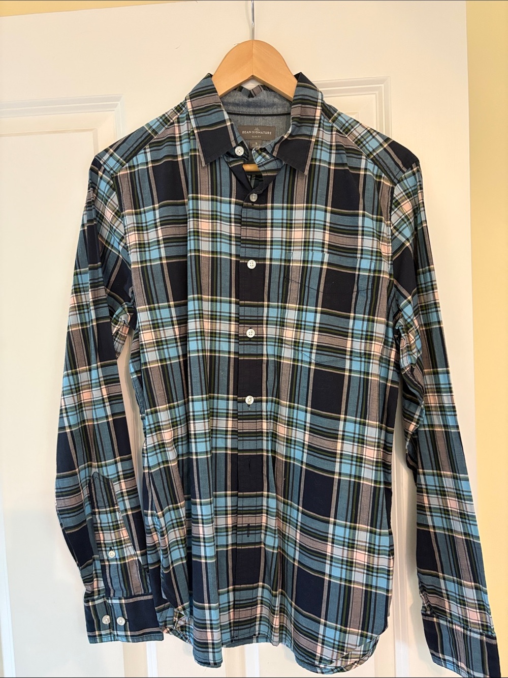 L.L. Bean Men's Navy, Light Blue and Tan Plaid Button-Down Shirt